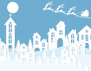 Obraz na płótnie Canvas New Year's Christmas. An image of Santa Claus and deer. Snow, moon, trees, houses, church. Cut from white paper. illustration
