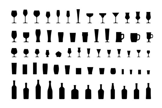 Bar glasses and bottles, icon set black silhouettes. Vector