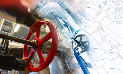 Sketch of piping design mixed with industrial equipment photo