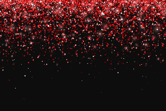 Red glitter on black background, falling particles. Vector