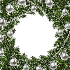 Obraz na płótnie Canvas New Year Christmas. A green branch of spruce in a circle and snowflakes. silver balls and beads on a white background. Isolated illustration
