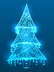 Christmas tree with doodle pattern and sparks. Boho pattern. Vector card for your creativity