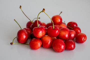 Cherries. Cherry. Cherries in white bowl. Red cherry. Fresh cherries. Cherry on white background. Cherries isolated on white. Healthy cherry fruits.
