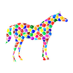 Arabian horse silhouette with watercolor bright colorful mosaic pied tile texture on white. 
Hand painted artistic equestrian abstract pattern.
