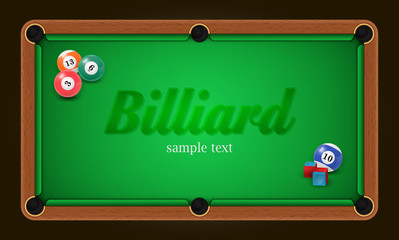 Billiard poster. Pool table background illustration with billiard balls and billiard chalk