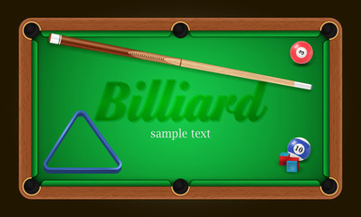 Billiard poster. Pool table background illustration with billiard balls and billiard chalk and cue