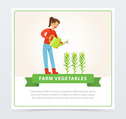 Woman farmer character watering corn plants