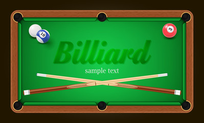 Billiard poster. Pool table background illustration with billiard balls and billiard chalk and cue