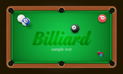 Billiard poster. Pool table background illustration with billiard balls and billiard chalk