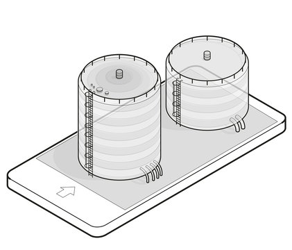 Water reservoir isometric building info graphic in mobile phone. Big water reservoir. Water supply resource. Pictogram industrial chemistry cleaner set in communication technology. Isolated vector.