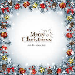 Decorative Christmas Frame in Blue with Ornaments, Pine Cones, Fir Branches and Berries Covered with Snowflakes