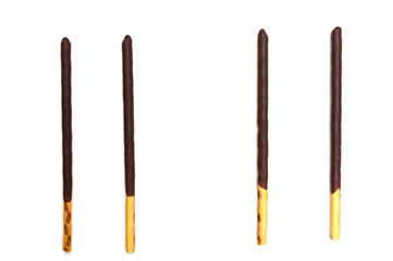 Chocolate Filled Biscuit Sticks on White Background