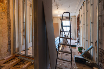 Interior of upgrade apartment with materials during on the remodeling, renovation, extension,...