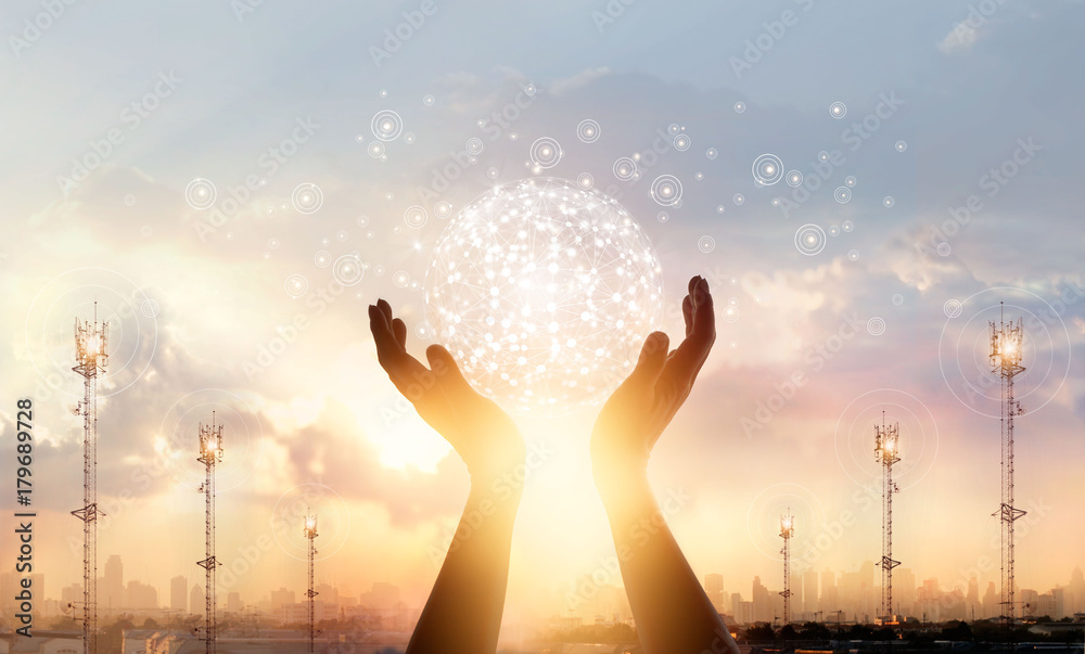Poster Abstract science. Businessman touching circle global network connection and data exchanges worldwide on city sunset background. Networking and technology concept