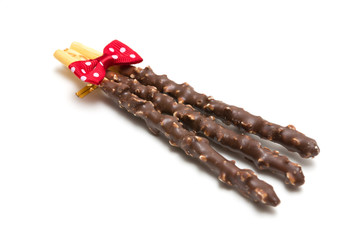 Chocolate Filled Biscuit Sticks on White Background