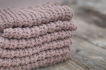 Stack Folded Knitted Crochet Cotton Wool Warm Winter Cozy Things Gentel Creamy Coffe Tones Colors Natural knitting background Pile Concept