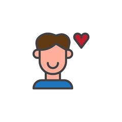 Man in love and heart filled outline icon, line vector sign, linear colorful pictogram isolated on white. Valentine's day symbol, logo illustration. Pixel perfect vector graphics