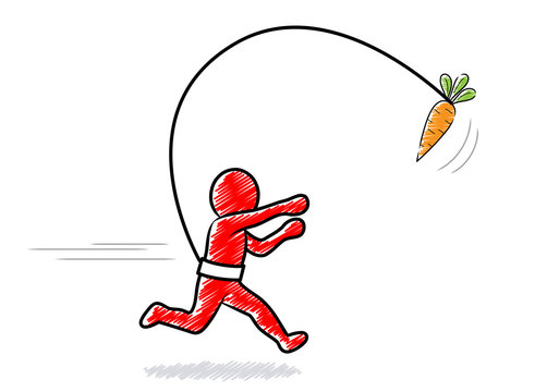 Ein rotes Männchen läuft einer Möhre hinterher | Zeichnung, schraffiert, Vektor, freigestellt