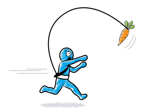 Ein Geschäftsmann rennt einer Möhre hinterher | Zeichnung, blau, schraffiert, Vektor, freigestellt
