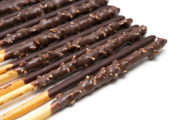 Chocolate Filled Biscuit Sticks on White Background