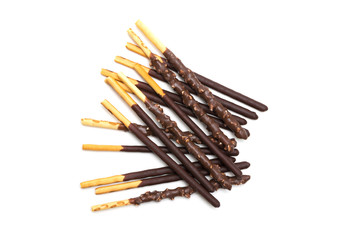 Chocolate Filled Biscuit Sticks on White Background