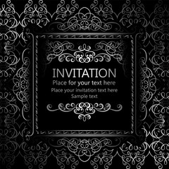 Abstract background with calligraphic luxury silver flourishes and vintage frame, victorian banner,wallpaper ornaments, invitation card, baroque style booklet, fashion pattern, template for design.