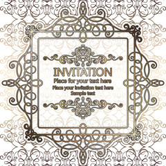 Abstract background with calligraphic luxury gold flourishes and vintage frame, victorian banner,wallpaper ornaments, invitation card, baroque style booklet, fashion pattern, template for design.