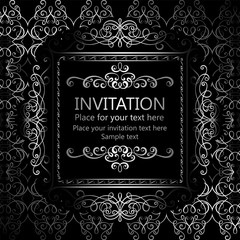 Abstract background with calligraphic luxury silver flourishes and vintage frame, victorian banner,wallpaper ornaments, invitation card, baroque style booklet, fashion pattern, template for design.