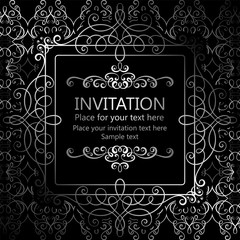 Abstract background with calligraphic luxury silver flourishes and vintage frame, victorian banner,wallpaper ornaments, invitation card, baroque style booklet, fashion pattern, template for design.