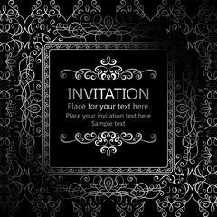 Abstract background with calligraphic luxury silver flourishes and vintage frame, victorian banner,wallpaper ornaments, invitation card, baroque style booklet, fashion pattern, template for design.