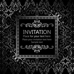 Abstract background with calligraphic luxury silver flourishes and vintage frame, victorian banner,wallpaper ornaments, invitation card, baroque style booklet, fashion pattern, template for design.