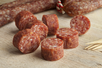 Sliced dried pork sausages