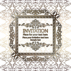 Abstract background with calligraphic luxury gold flourishes and vintage frame, victorian banner,wallpaper ornaments, invitation card, baroque style booklet, fashion pattern, template for design.