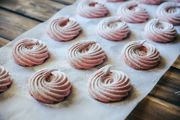 Turkish Beze or Meringues on bakery paper. Artwork. Copy space.