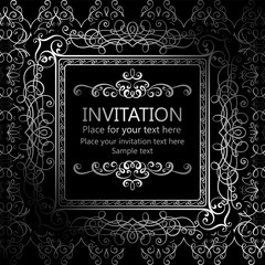 Abstract background with calligraphic luxury silver flourishes and vintage frame, victorian banner,wallpaper ornaments, invitation card, baroque style booklet, fashion pattern, template for design.