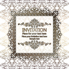 Abstract background with calligraphic luxury gold flourishes and vintage frame, victorian banner,wallpaper ornaments, invitation card, baroque style booklet, fashion pattern, template for design.