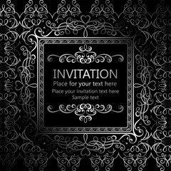 Abstract background with calligraphic luxury silver flourishes and vintage frame, victorian banner,wallpaper ornaments, invitation card, baroque style booklet, fashion pattern, template for design.