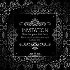 Abstract background with calligraphic luxury silver flourishes and vintage frame, victorian banner,wallpaper ornaments, invitation card, baroque style booklet, fashion pattern, template for design.