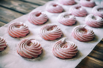Turkish Beze or Meringues on bakery paper. Artwork. Copy space.