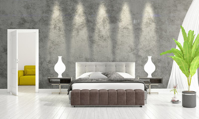 Modern interior design of bedroom in vogue with plant and copyspace in horizontal arrangement. 3D rendering.