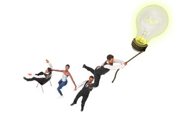 Fototapeta na wymiar Concept of a successful team idea A light bulb that pulls people up 3d render on white no shadow