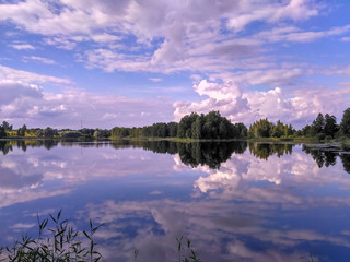 Reflections in a lake with sky and trees