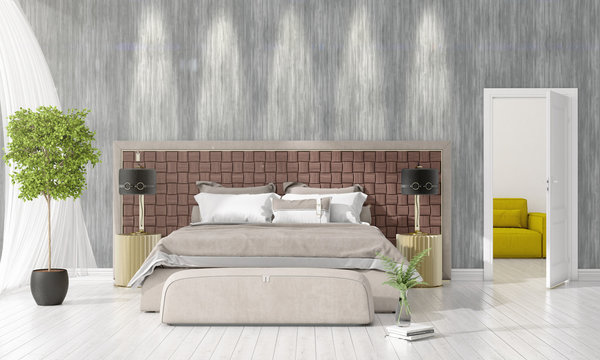 Modern interior design of bedroom in vogue with plant and copyspace in horizontal arrangement. 3D rendering.