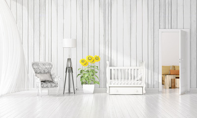 Modern interior design of nursery room in vogue with plant and copyspace in horizontal arrangement. 3D rendering.