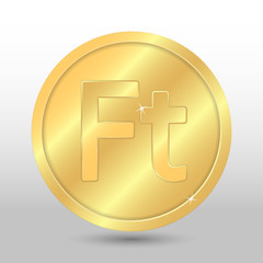 Realistic gold coin with forint sign. Vector coin on gray background