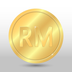 Realistic gold coin with ringgit sign. Vector coin on gray background