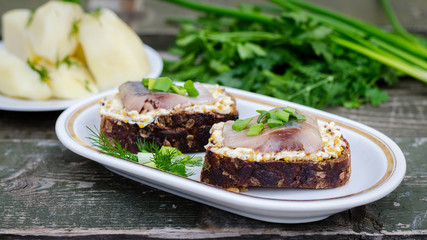 Herring, green onions, butter, French mustard and a slice of rye bread on an old wooden table.