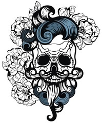 Vector  illustration. Skull with hair. Skull hipster. T-shirt  style