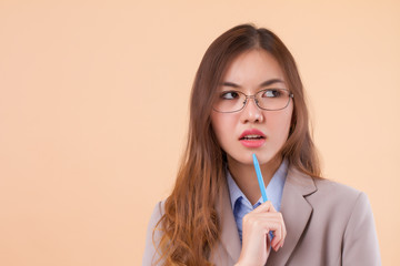 portrait of upset, angry, frustrated asian business woman