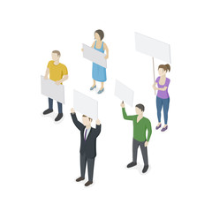 Obraz premium People with placard and banners on demonstration. Unhappy men and women isolated on white background. Isometric view. Vector illustration
